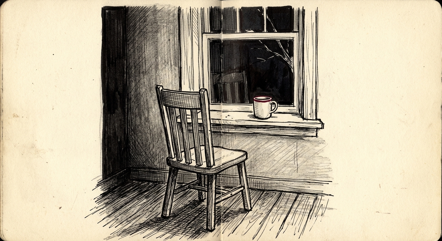 A dark room at night, a wooden chair facing a window, an empty mug on the sill.
