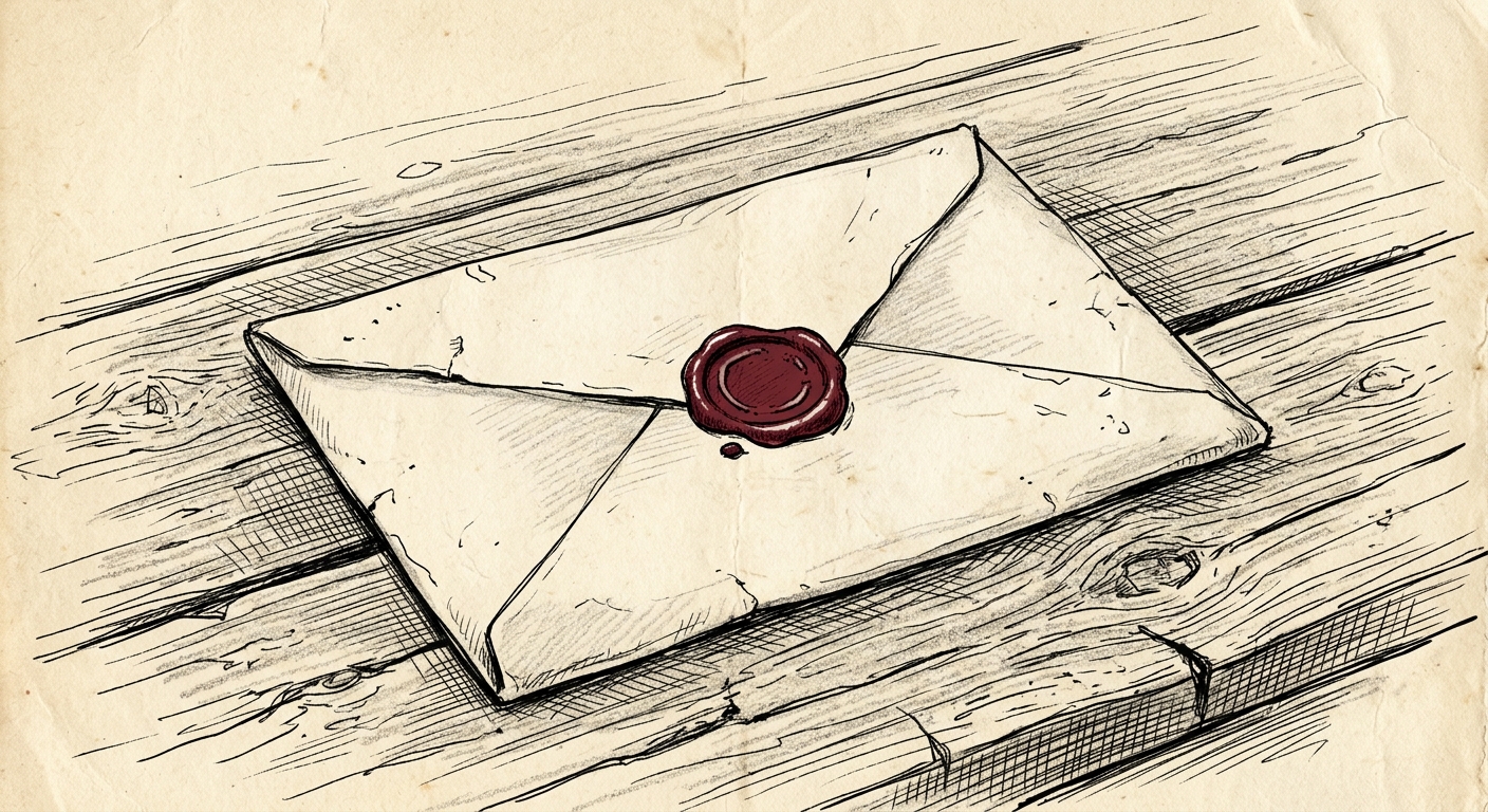 A folded letter sealed with a small circular wax seal, on a rough wooden surface.