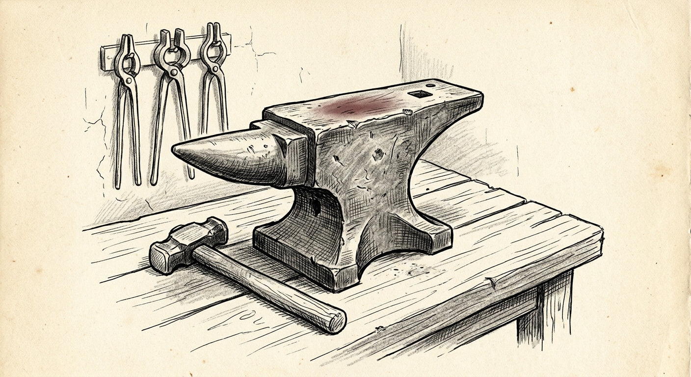An iron anvil on a worn wooden workbench, hammer resting beside it.