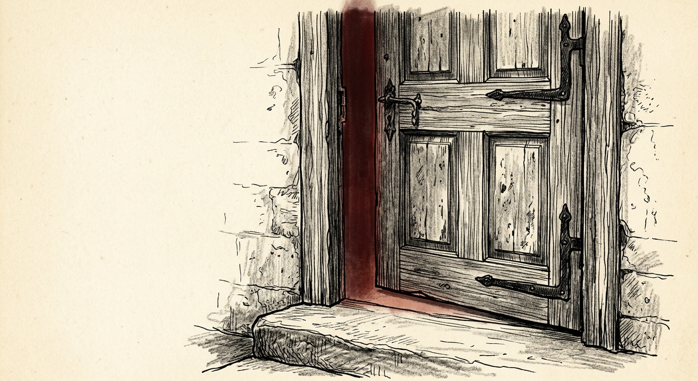 A wooden door standing slightly ajar, warm light spilling through the gap.