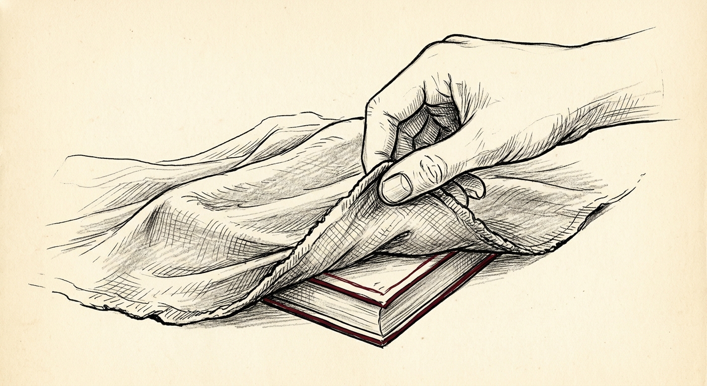 A hand lifting the corner of a heavy cloth to reveal what lies beneath.