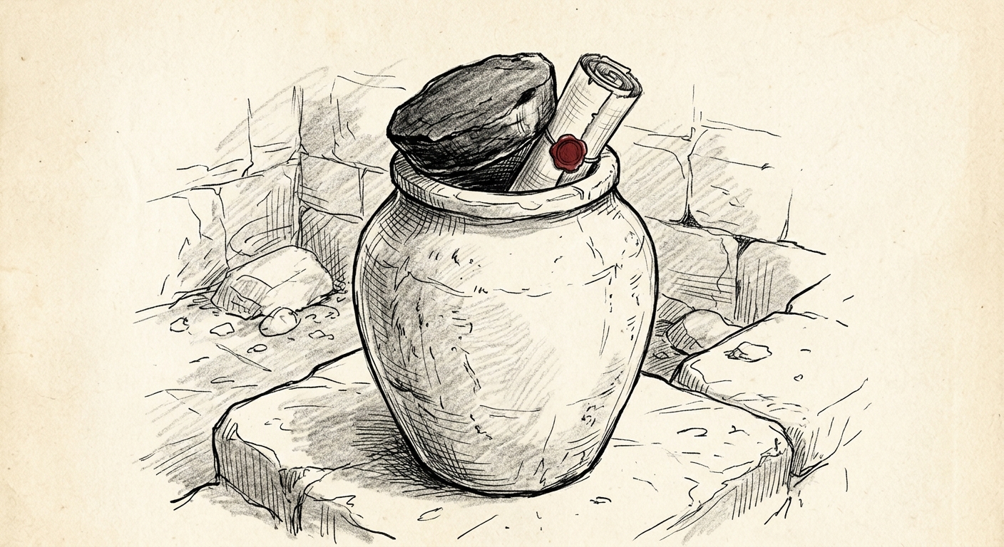 An ancient earthenware jar with a loosened stopper and a rolled scroll emerging.