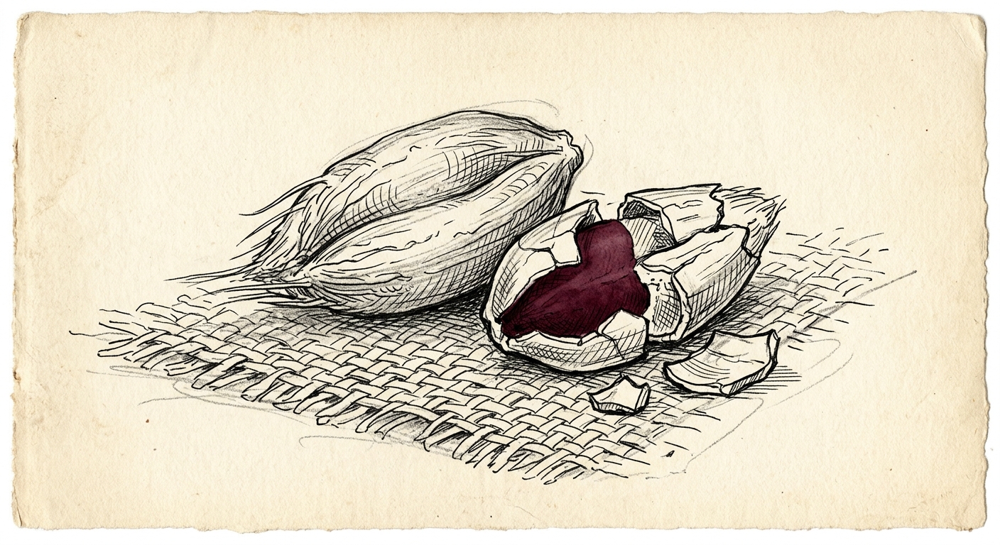 Two grains of wheat on rough linen cloth — one whole, one cracked open.
