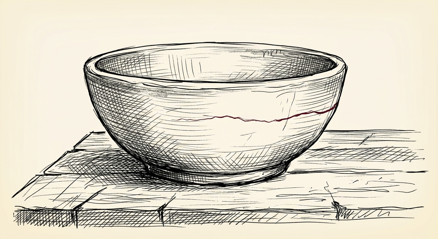 A simple earthenware bowl with a single hairline crack across its side.