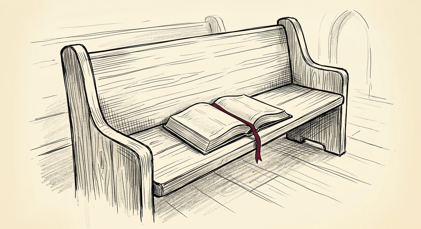An empty wooden church pew with a single open book resting on it.