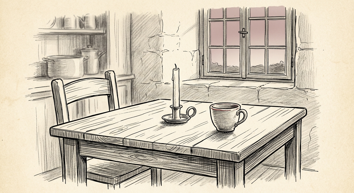 A pre-dawn kitchen — wooden table, unlit candle, empty cup, faint light at the window.