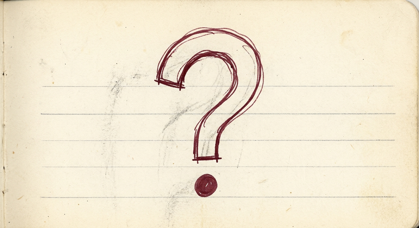 A single hand-drawn question mark on aged notebook paper.